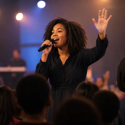 Black Woman Singing on Church Stage