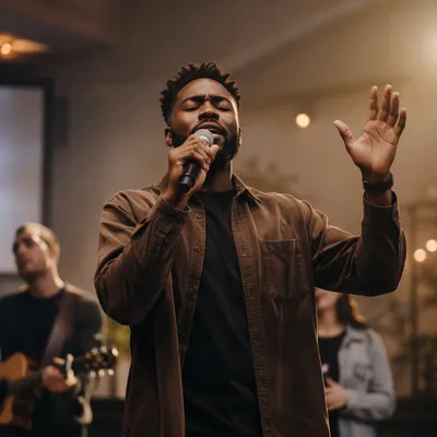 Young Man Singing on Church Stage