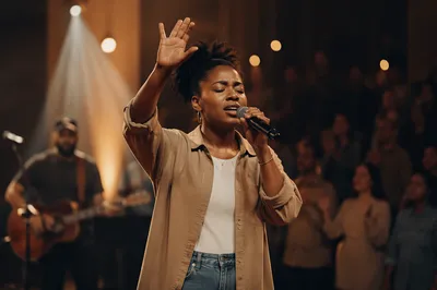 Worship Leader Singing on Lit Stage