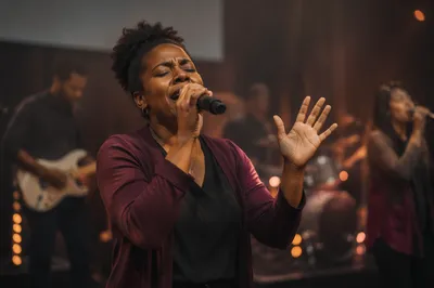 Worship Leader Singing on Warm Lit Stage