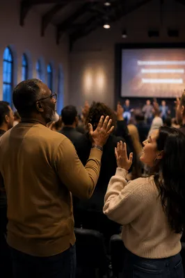 Congregation Singing Before Projected Lyrics Screen