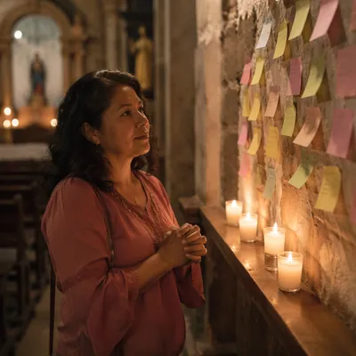 Woman by Prayer Notes and Candles
