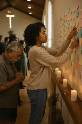 Worshippers Beside Prayer Wall in Chapel