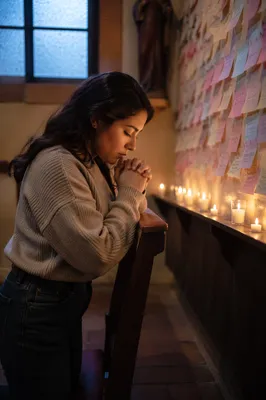 Woman Praying Beside Candlelit Note Wall