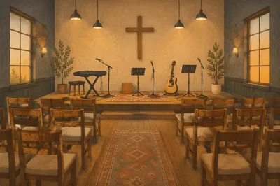 Empty Sanctuary Prepared for Worship Rehearsal