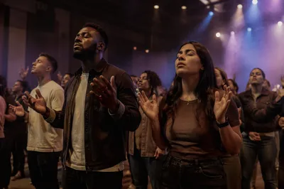 Young Adults Singing in Church Auditorium