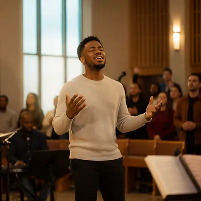Young Man Singing in Church Sanctuary