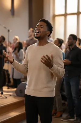 Young Man Singing in Church Sanctuary