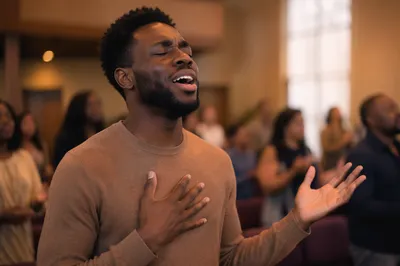 Young Man Singing in Church Sanctuary