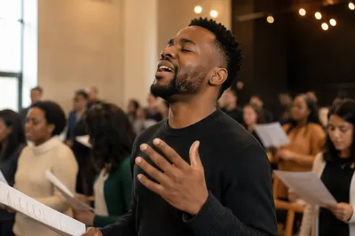 Young Man Singing in Church Service