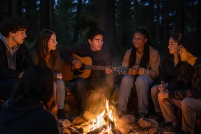 Youth Group Around Forest Campfire at Night