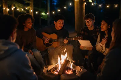 Youth Group Singing Around Forest Campfire