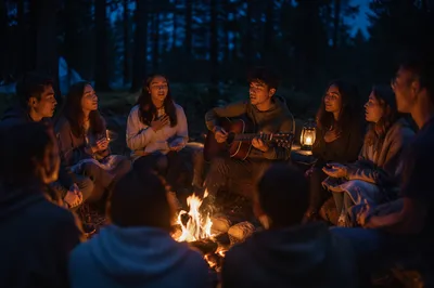Youth Group Singing Around Forest Campfire