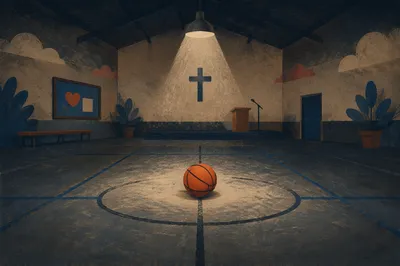 Basketball in Quiet Church Gym Spotlight