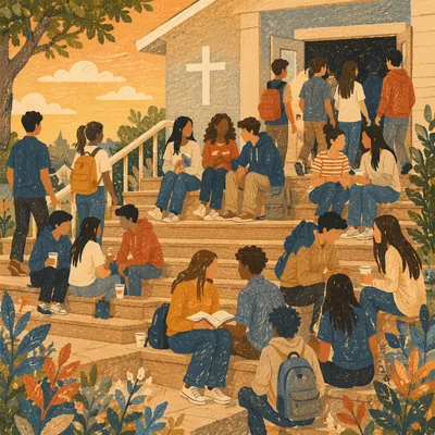 Church Youth Group Gathering on Wooden Steps
