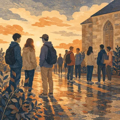 Golden Hour Youth Gathering in Church Courtyard