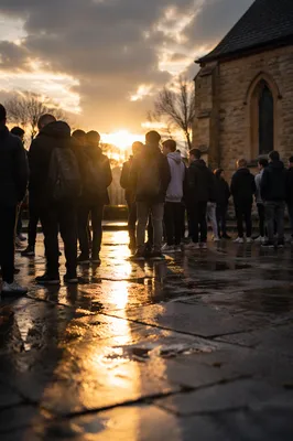 Backlit Church Youth Gathering at Golden Hour
