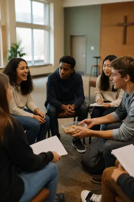 Teen Group Chatting in Church Room