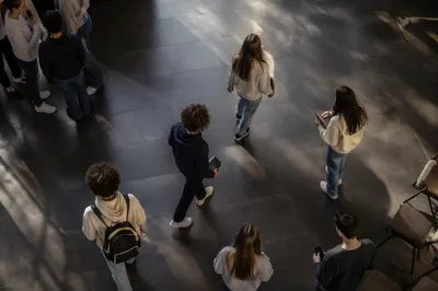 Overhead Youth Group Gathering in Church Atrium