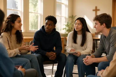 Teen Youth Group Talking in Church Room