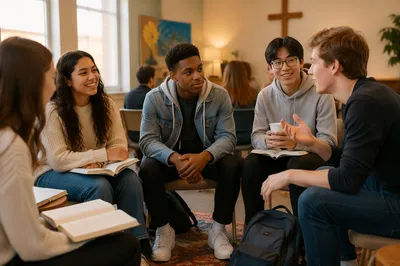 Teens Talking in Bright Church Community Room