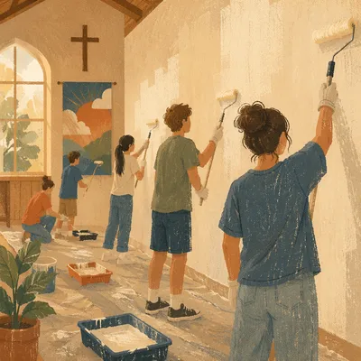 Youth Mission Team Painting Church Wall