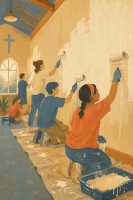 Youth Mission Team Painting Church Wall