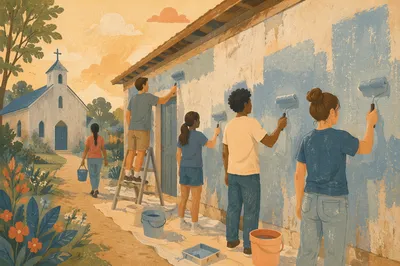 Youth Mission Team Painting Church Wall