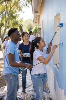Young Volunteers Painting Exterior Wall Together
