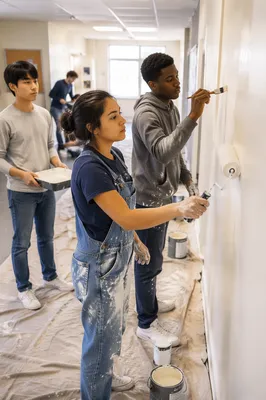 Teen Volunteers Painting Community Center Hallway