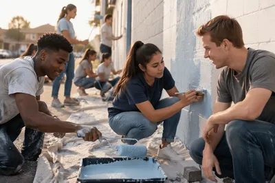 Young Volunteers Painting Community Center Wall