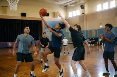 Teens Playing Basketball in Bright Gym