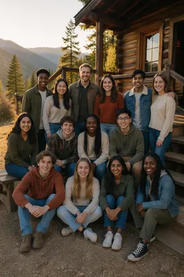 Youth Group Outside Mountain Cabin