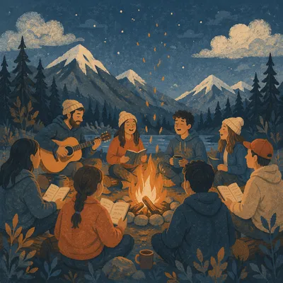 Youth Retreat Campfire Worship in Mountains