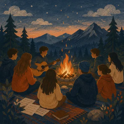Youth Retreat Campfire Worship in Mountains
