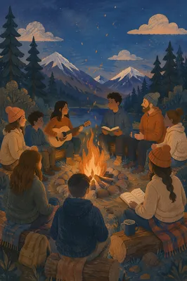 Youth Retreat Campfire Worship in Mountains