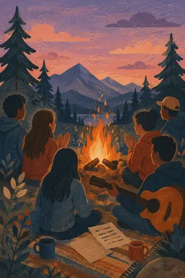 Youth Retreat Campfire Worship in Mountains