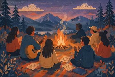 Youth Retreat Campfire Worship in Mountains