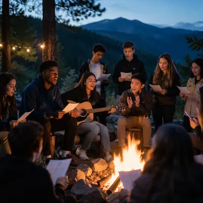 Youth Retreat Campfire Worship in Mountains
