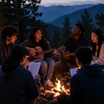 Youth Retreat Campfire Worship in Mountains
