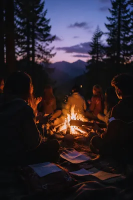 Youth Retreat Campfire Worship in Mountains