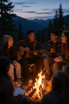 Youth Group Singing Around Mountain Campfire