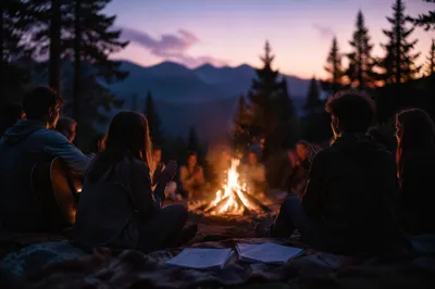Youth Retreat Campfire Worship in Mountains