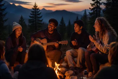 Youth Group Singing Around Mountain Campfire