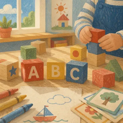 Colorful Alphabet Blocks in Calm Classroom