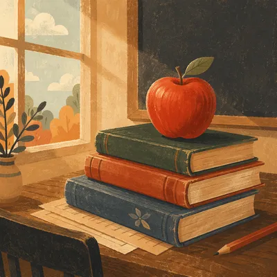 Red Apple on Worn Classroom Books