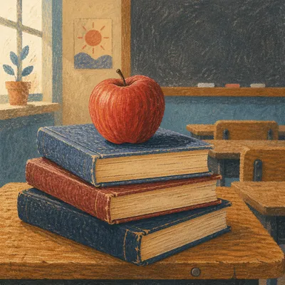 Red Apple on Books in Classroom