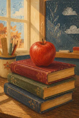 Red Apple on Vintage Books Desk