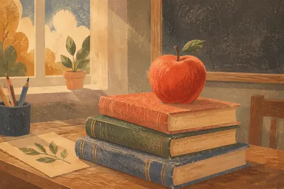 Red Apple on Vintage School Books