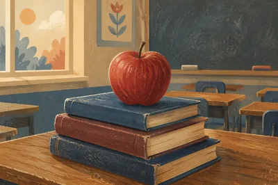 Red Apple on Vintage School Books